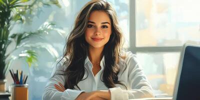 Confident young woman smiling at her workspace during daylight with plants in the background photo