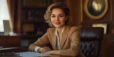 Confident woman in professional attire seated at desk in an elegant office, showcasing determination and grace during a work meeting photo