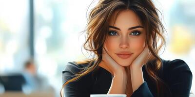 Young woman with warm smile resting her chin on hands in a cozy cafe during the afternoon photo