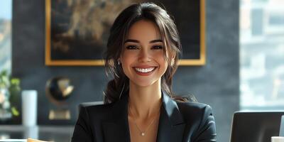 Professional woman smiling in modern office setting during daytime meeting photo