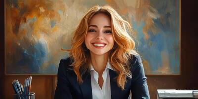 Young professional woman smiles confidently in modern office setting during day photo