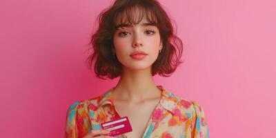 Young woman poses with a credit card in front of a pink background while dressed in a colorful floral shirt photo