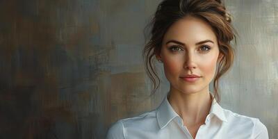 Elegant woman with natural makeup poses confidently in a professional setting during the afternoon photo