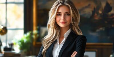 Professional woman in tailored suit smiles confidently in an office setting with elegant decor and artwork in the background photo