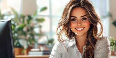 Smiling young woman in a bright office environment with plants and a warm atmosphere engaged in work photo