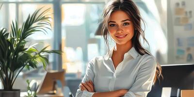 Professional woman in a bright office setting smiling with confidence and approachability during workday photo