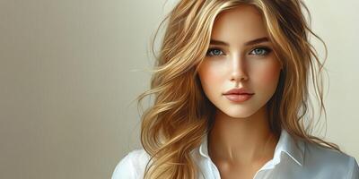 Beautiful young woman with long blonde hair and striking features in casual attire against a soft neutral background photo