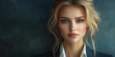 Beautiful woman with striking blue eyes poses elegantly against a dark background in a professional setting photo
