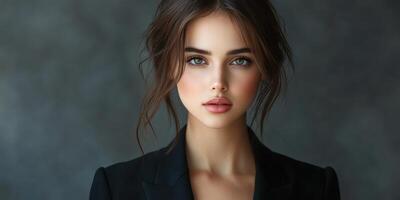 Captivating portrait of a young woman with striking features in a dark suit against a soft backdrop photo