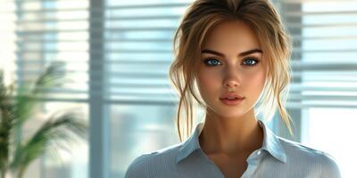 Young woman poses confidently in bright indoor setting with natural light highlighting her features photo