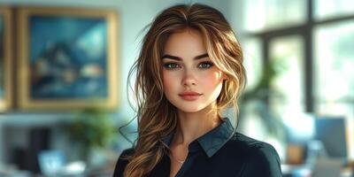 Young woman with long hair in a professional setting during daylight hours photo