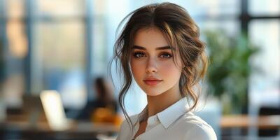 Young woman with long hair in an office, exuding confidence and professionalism during the afternoon hours photo