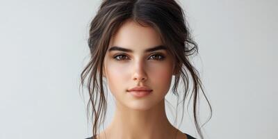 Young woman with long dark hair poses with a neutral expression in a brightly lit indoor setting, highlighting natural beauty and simplicity photo