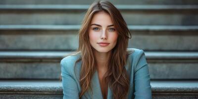Portrait of a young woman with long brown hair sitting on steps in a stylish outfit during daylight hours photo