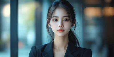 Young professional woman poses confidently in a modern office environment during daylight hours photo