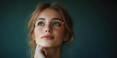 Young woman in glasses thoughtfully gazing upward against a dark background photo