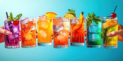 Colorful assortment of vibrant cocktails served on a bright backdrop during a summer gathering photo