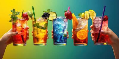 Colorful summer beverages served in tall glasses with fresh fruit garnishes held by hands against a vibrant background photo