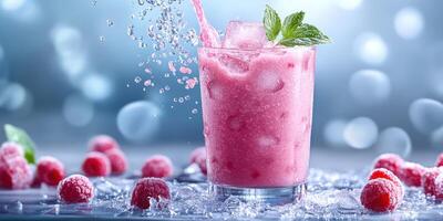 Refreshing pink drink with raspberries and mint served in a glass with ice on a cool surface photo
