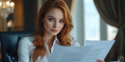 Professional woman reviewing documents in an elegant office setting during the day photo