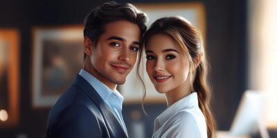 Couple sharing a joyful moment indoors in a cozy setting during the evening hours photo