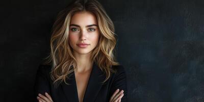 Young woman with wavy hair poses confidently against a dark background in a stylish black outfit during a photography session photo
