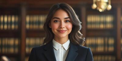 Young professional woman smiles confidently in a law office filled with bookshelves during working hours photo