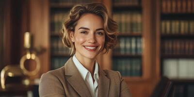 Confident professional woman smiling in an elegant office with bookshelves filled with literature photo