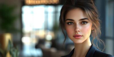 Portrait of a woman in a modern cafe setting with natural light highlighting her features photo