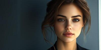 Young woman with striking features posing confidently against a dark background in an indoor setting photo