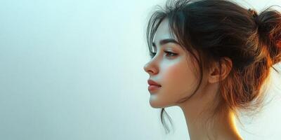 Portrait of a young woman with a serene expression illuminated by soft light in a tranquil setting photo