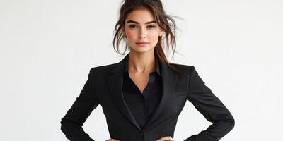 Model poses confidently in a tailored black suit against a minimalist background photo