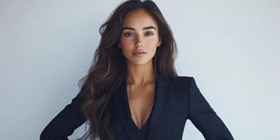 Confident woman poses in a sleek black suit against a light background showcasing elegance and strength in a modern setting photo