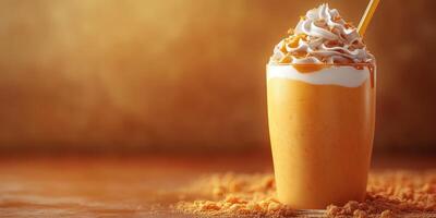 Refreshing dessert beverage topped with whipped cream and crushed cookies in a warm, cozy setting photo