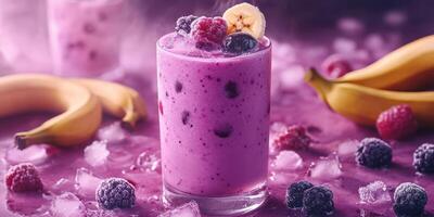 Smoothie preparation with fresh fruits in a vibrant setting showcasing bananas and berries photo
