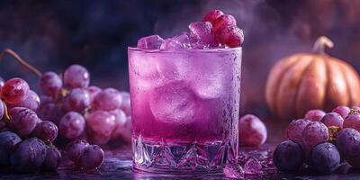 Refreshing purple drink with grapes and pumpkins set against a dark background during autumn evening photo