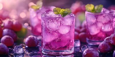 Colorful grape drinks with ice and mint leaves served in glasses during a summer gathering photo