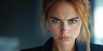 Intense expression of a woman with blue eyes and red hair in a modern indoor setting during the day photo