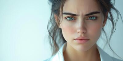 Young woman with intense blue eyes expressing emotions in a serene background during daylight photo
