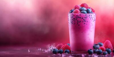 Refreshing berry smoothie served in a tall glass with blueberries and raspberries on a colorful background photo