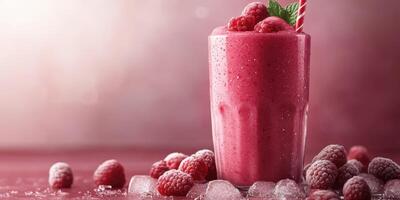 Raspberry smoothie in a glass with fresh berries and ice on a pink background photo