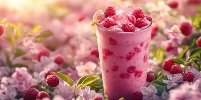 Refreshing raspberry smoothie garnished with fresh berries among blooming flowers in sunlight photo