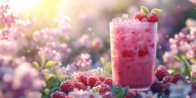 Refreshing raspberry drink surrounded by blooming flowers at golden hour in a vibrant garden setting photo