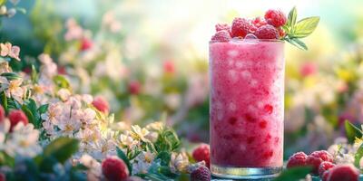 Refreshing raspberry drink garnished with mint leaves placed amidst blooming flowers during a sunny day photo