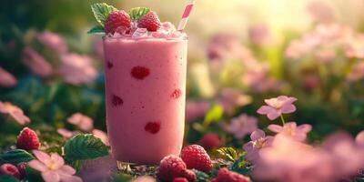 Refreshing raspberry smoothie surrounded by vibrant flowers in a sunlit garden photo