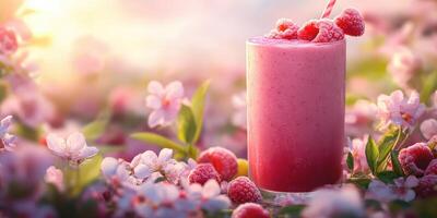 Refreshing raspberry smoothie surrounded by vibrant pink flowers at sunset photo