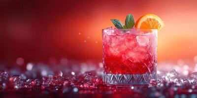 Refreshing cocktail served with orange slice and mint leaves on a vibrant red background during evening hours photo