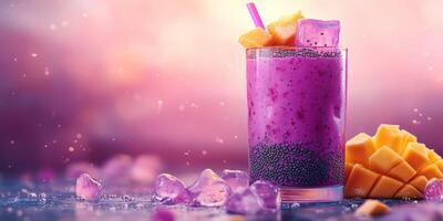 Refreshing purple smoothie with mango pieces and ice cubes in a vibrant setting photo