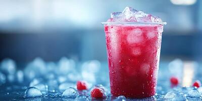 Refreshing raspberry drink with ice in a clear cup on a chilly surface photo