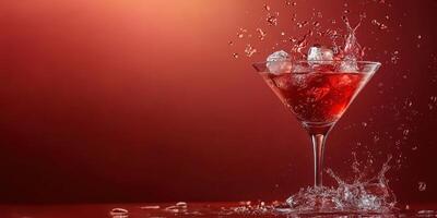 Refreshing cocktail splashes with ice in a glass against a vibrant red background during a lively evening gathering photo